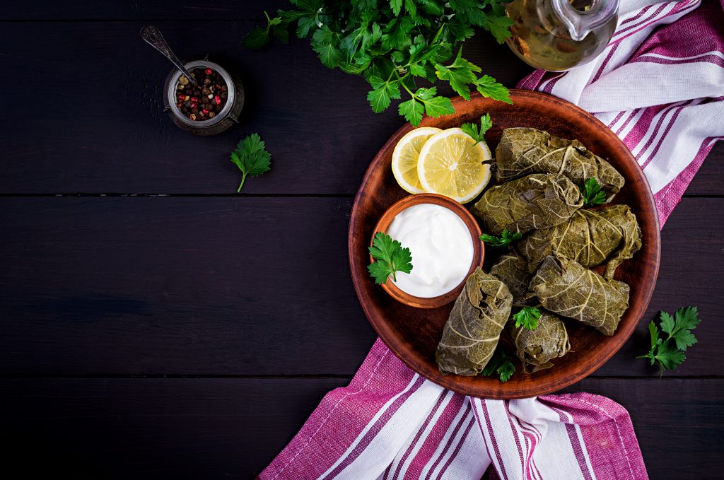 "Dolmathes-stuffed vine leaves, marinated sardines, grilled red peppers, Aubergine dip.  I’m hungry just thinking about it!"
